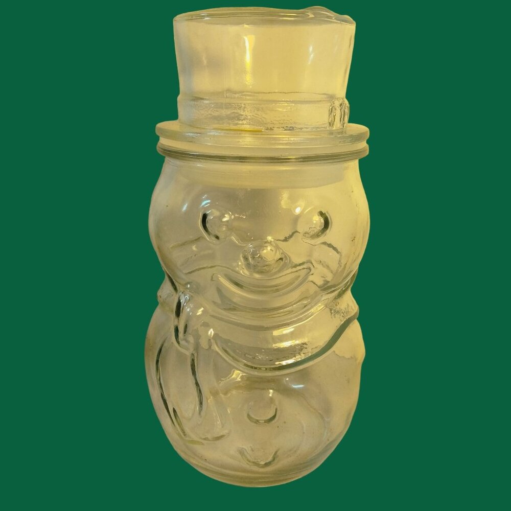Vintage Clear Glass Snowman Cookie Jar Candy Container Lid